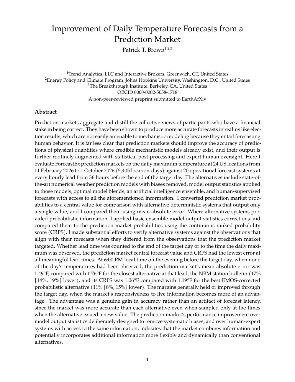 First page of the working paper Improvement of Daily Temperature Forecasts from a Prediction Market, by Patrick T. Brown, with its abstract.